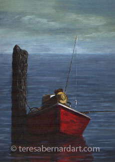 fisherman in a red rowboat painting
