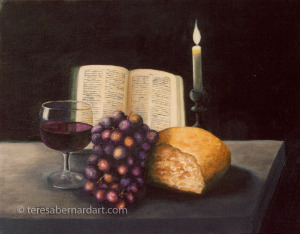 bread and wine still life painting