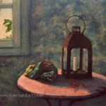 coral lantern still life painting