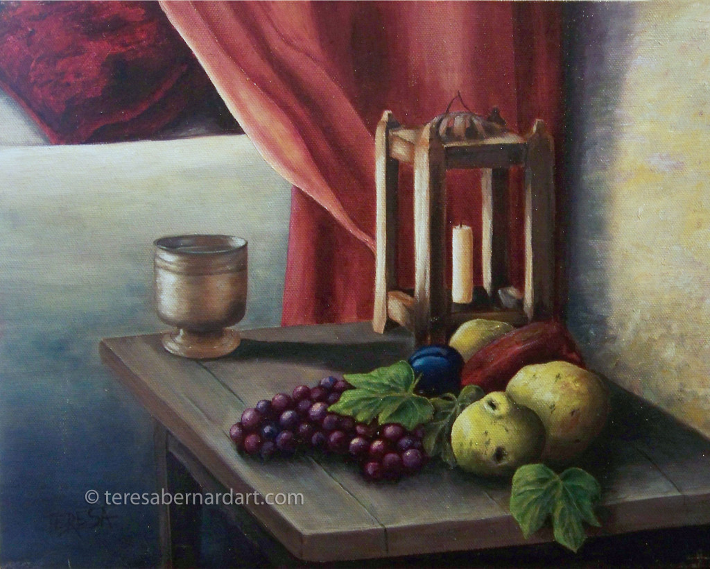 still life with fruit and candle painting