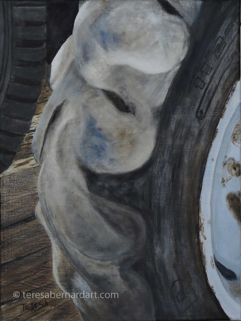 still life painting with tractor tire