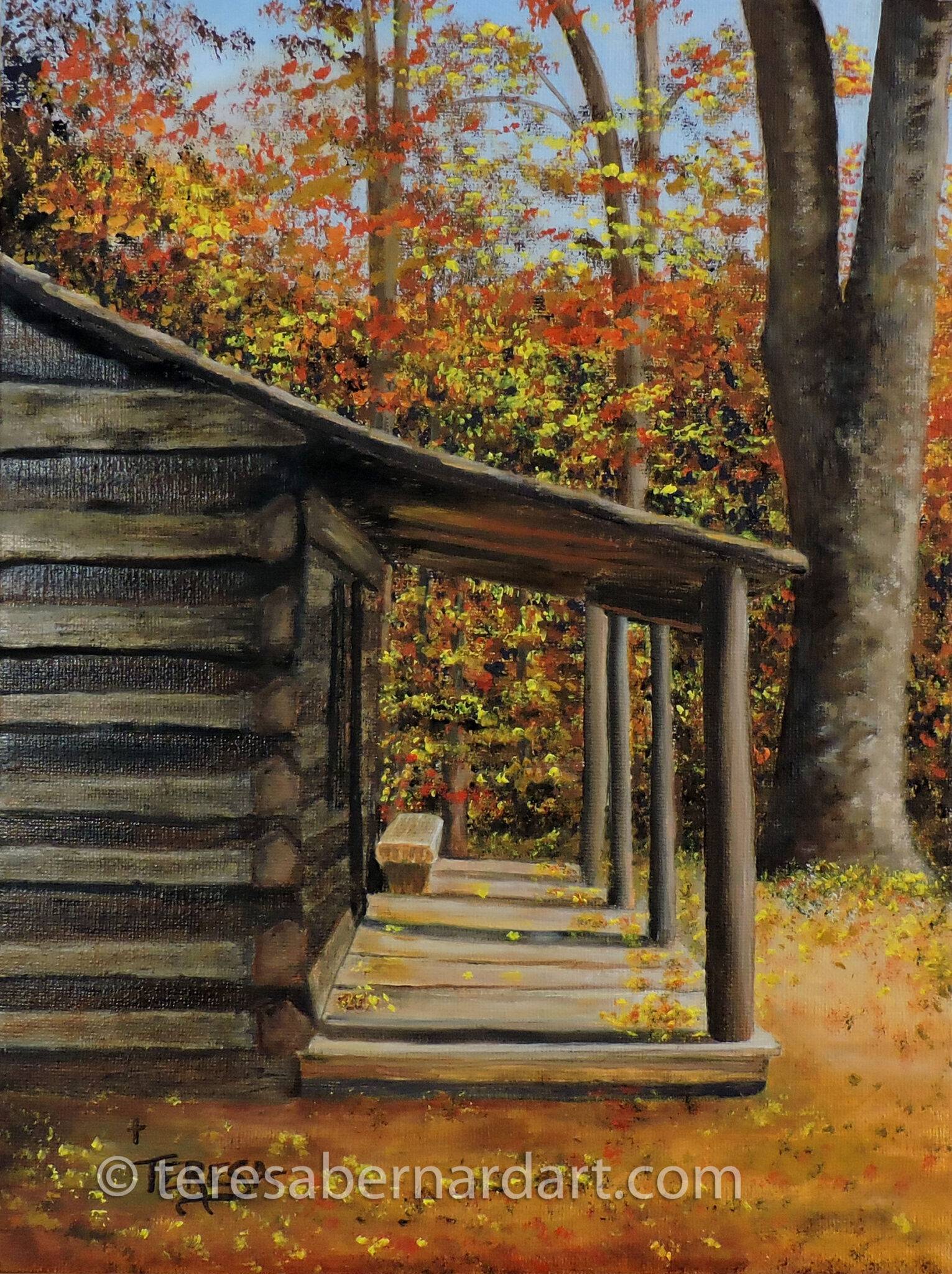 Log Cabin in The Autumn Woods - Teresa Bernard Oil Paintings