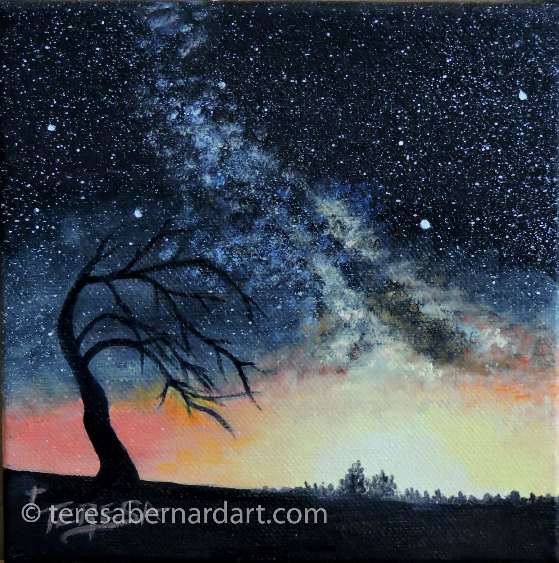 Starry Night with Lone Scraggly Tree - Teresa Bernard Oil Paintings