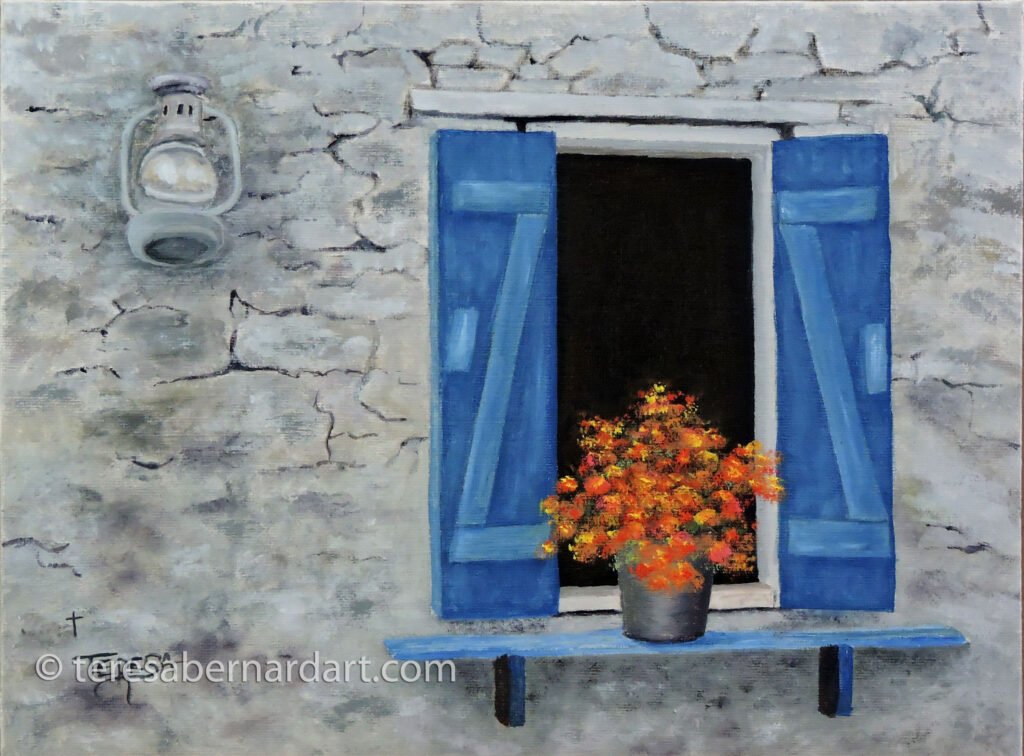 blue shutters oil painting