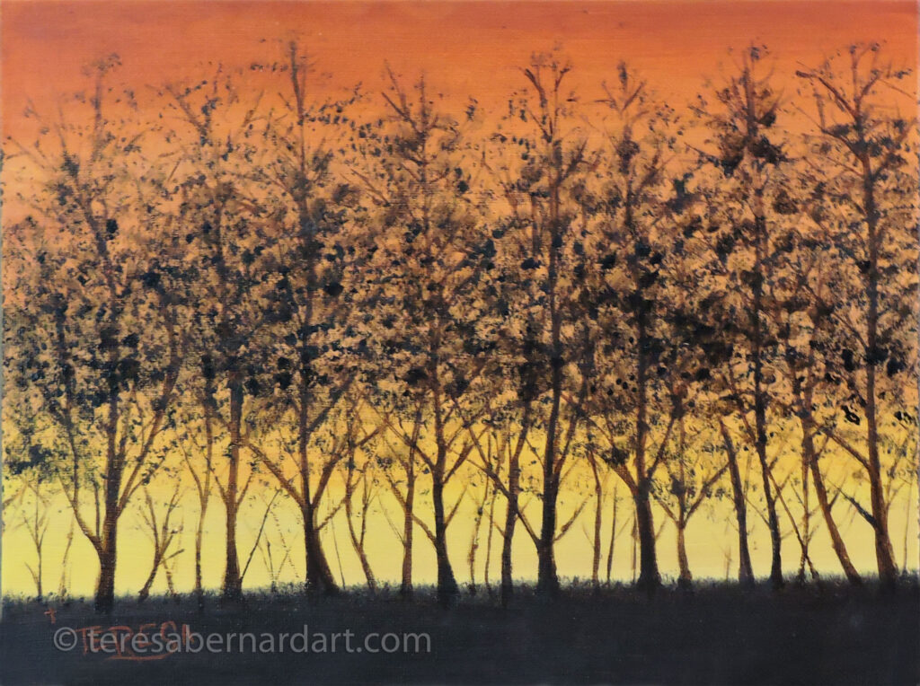 trees at dusk painting